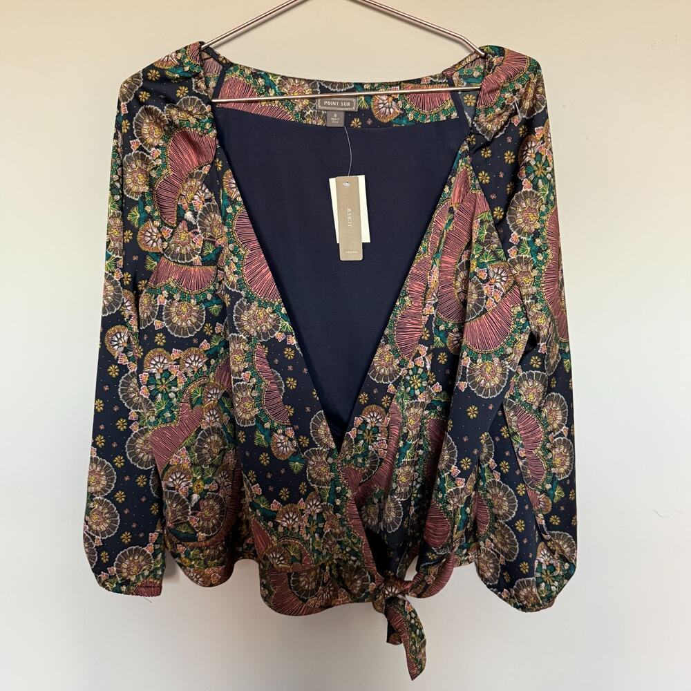 J.Crew Point Sur Womens Wrap Tie Top Small Paisley Floral Satin Crepe Preppy NEW - Picture 2 of 6